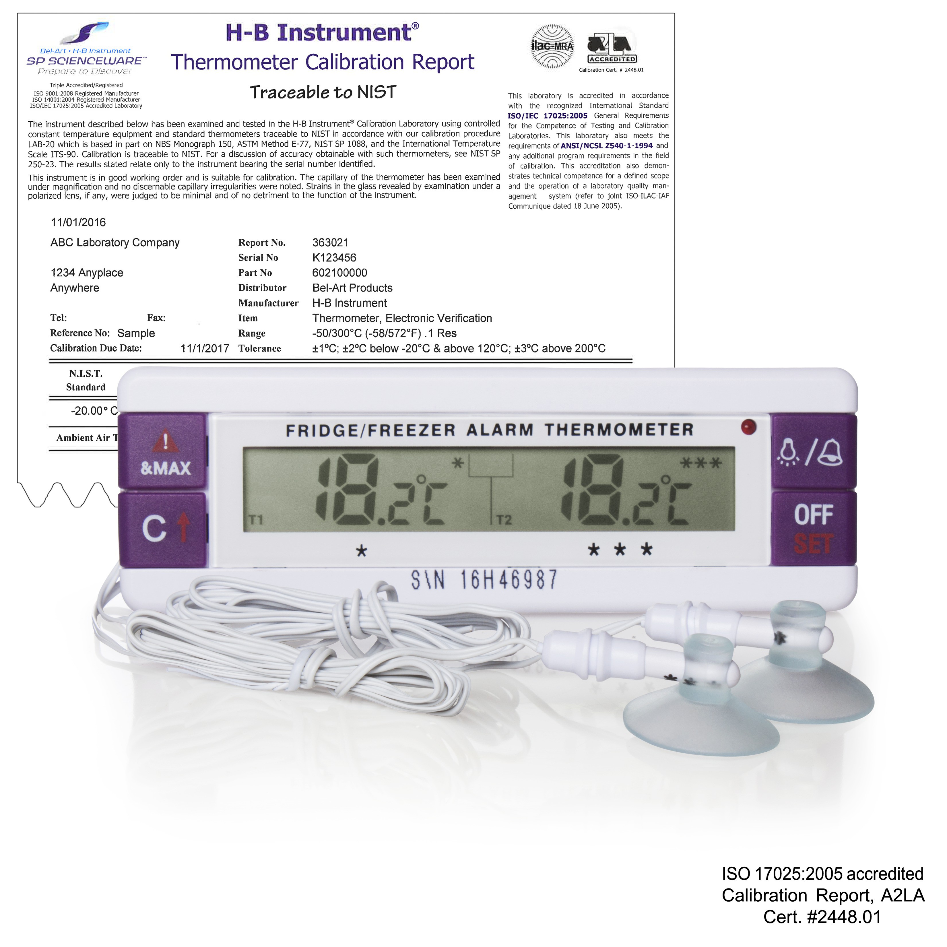 H-B DURAC Calibrated Dual Zone Electronic Thermometer with Waterproof Sensors; -40/70C (-40/158F) External, -40/70C (-40/158F) External, 0C & 22C Zone Calibrations