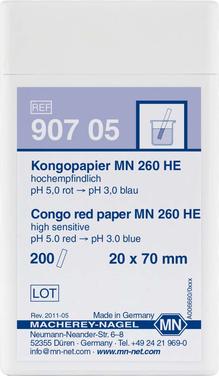 Congo paper MN 260 HE, pH: 5.0 - 3.0 (Box of 200 test strips)