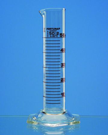 Glass measuring cylinder 10ml, hexagonal base, amber graduation (Low form)