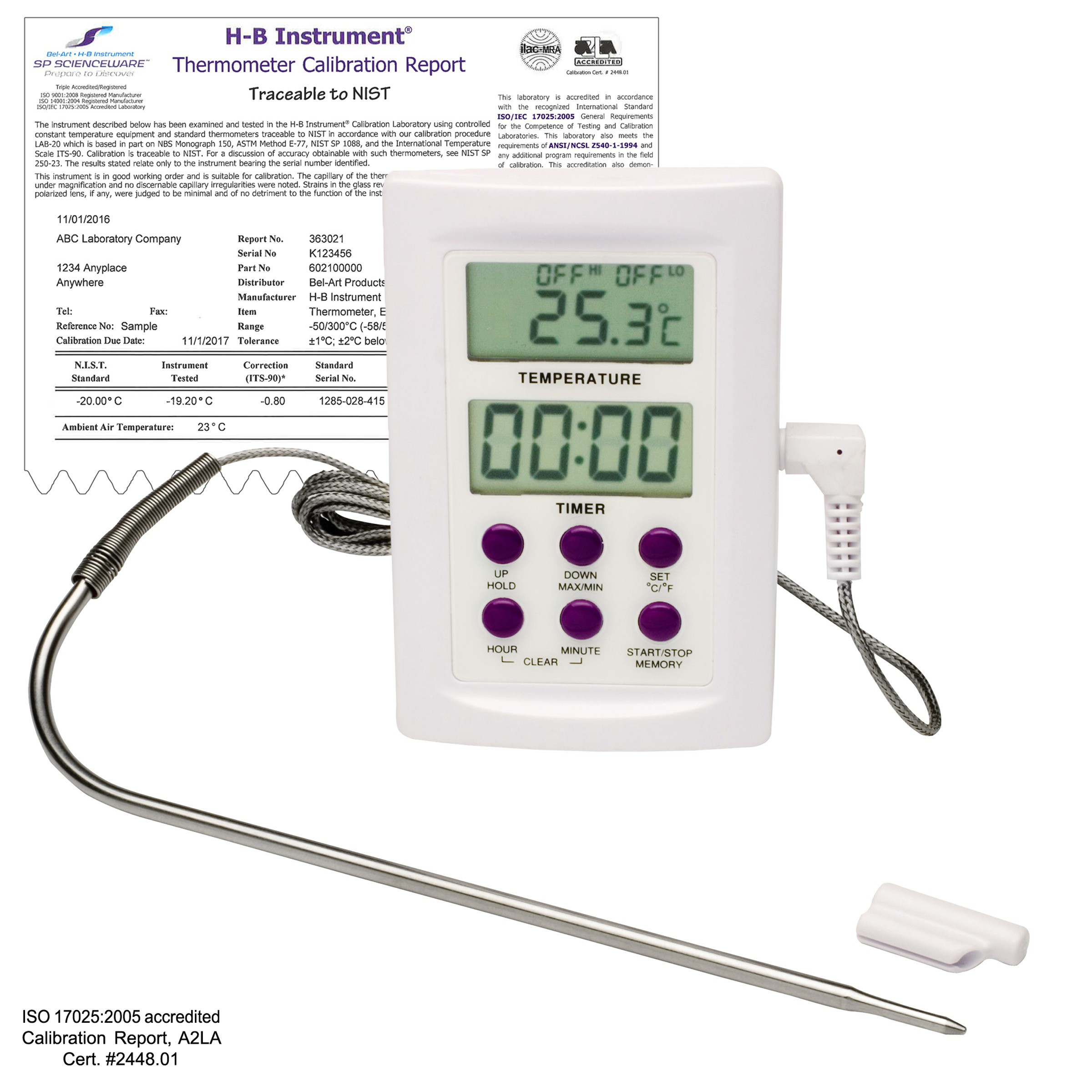 H-B DURAC Calibrated Electronic Thermometer with Stainless Steel Probe; -50/300C (-58/572F), 22C Ambient Calibration, 64 x 95mm