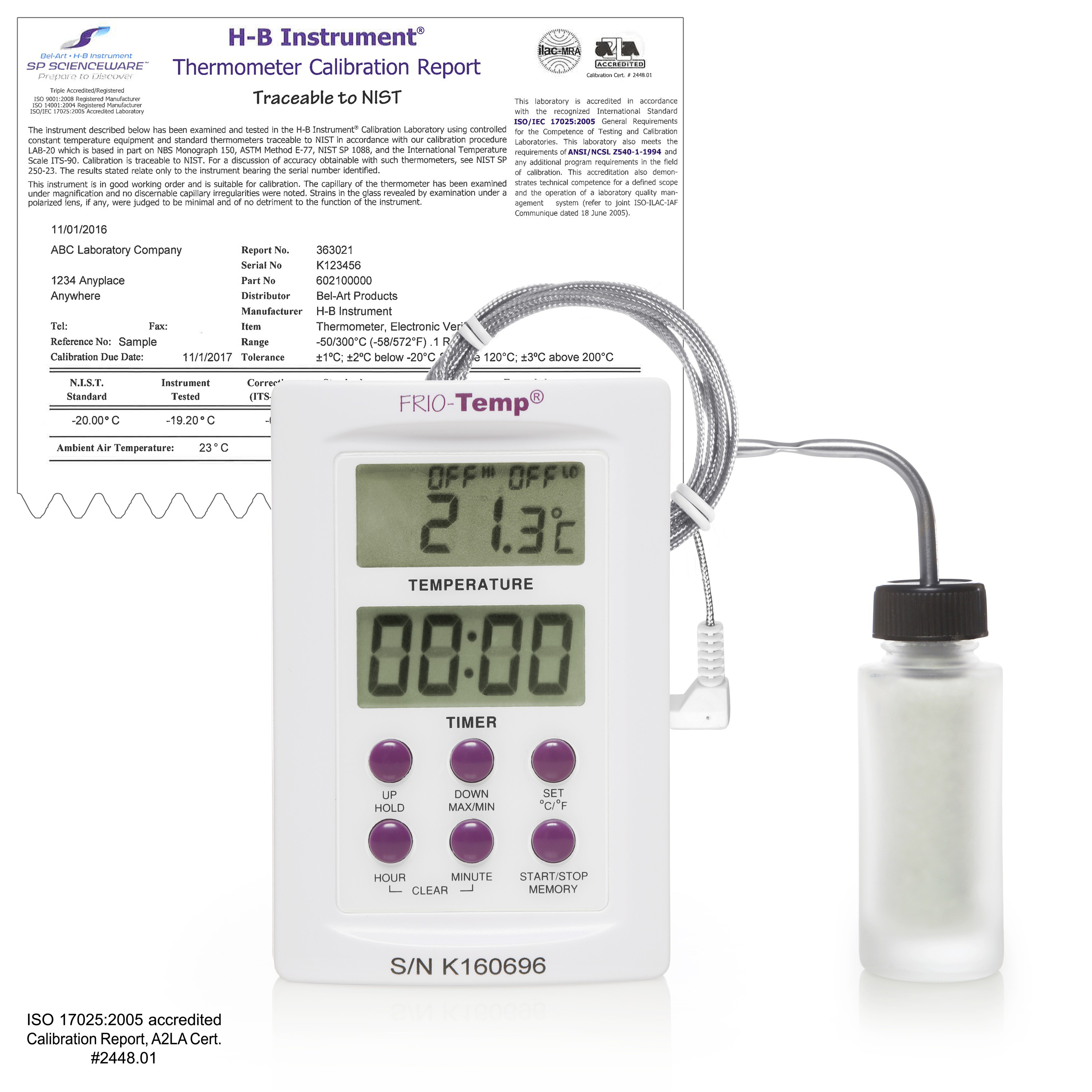 H-B Frio Temp Calibrated Electronic Verification Thermometer; -50/300C (-58/572F), 4C Refrigerator Calibration