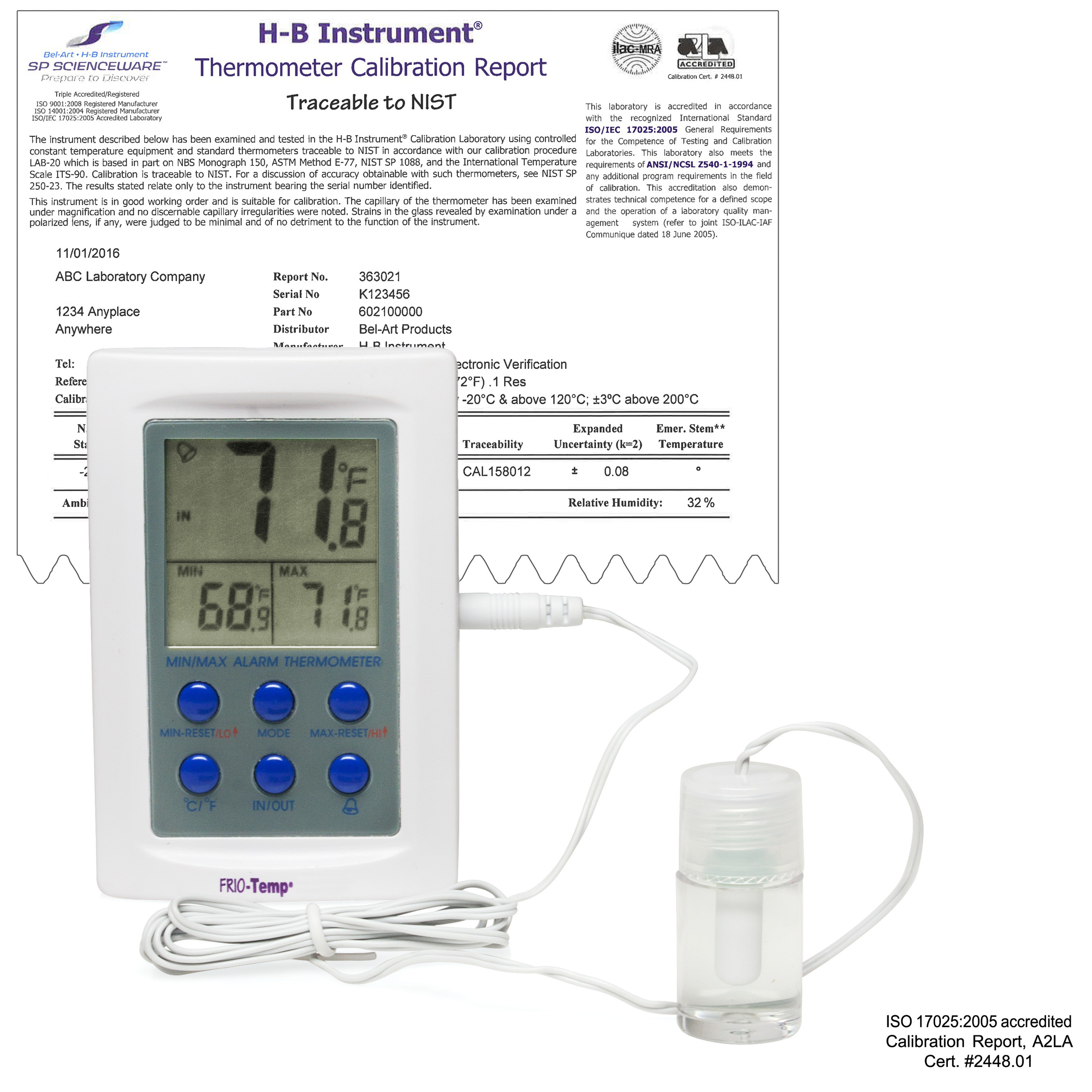 H-B Frio Temp Calibrated Dual Zone Electronic Verification Thermometer; -50/70C (-58/158F) External, 0/50C (32/122F) Internal, 22C Ambient Calibration