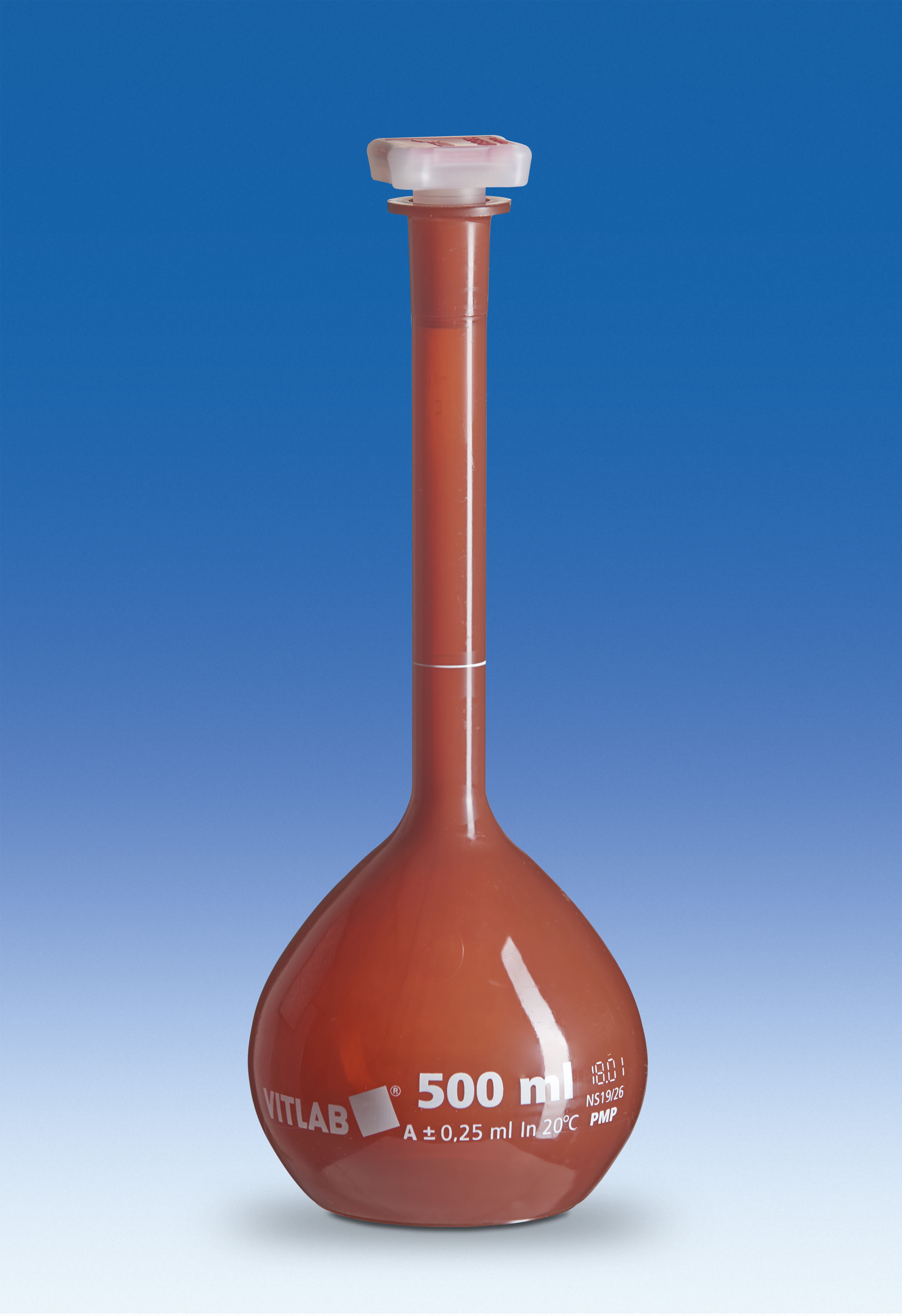 Plastic volumetric flask 1L, PMP, Class A, with NS stopper, UV-protect (Amber)