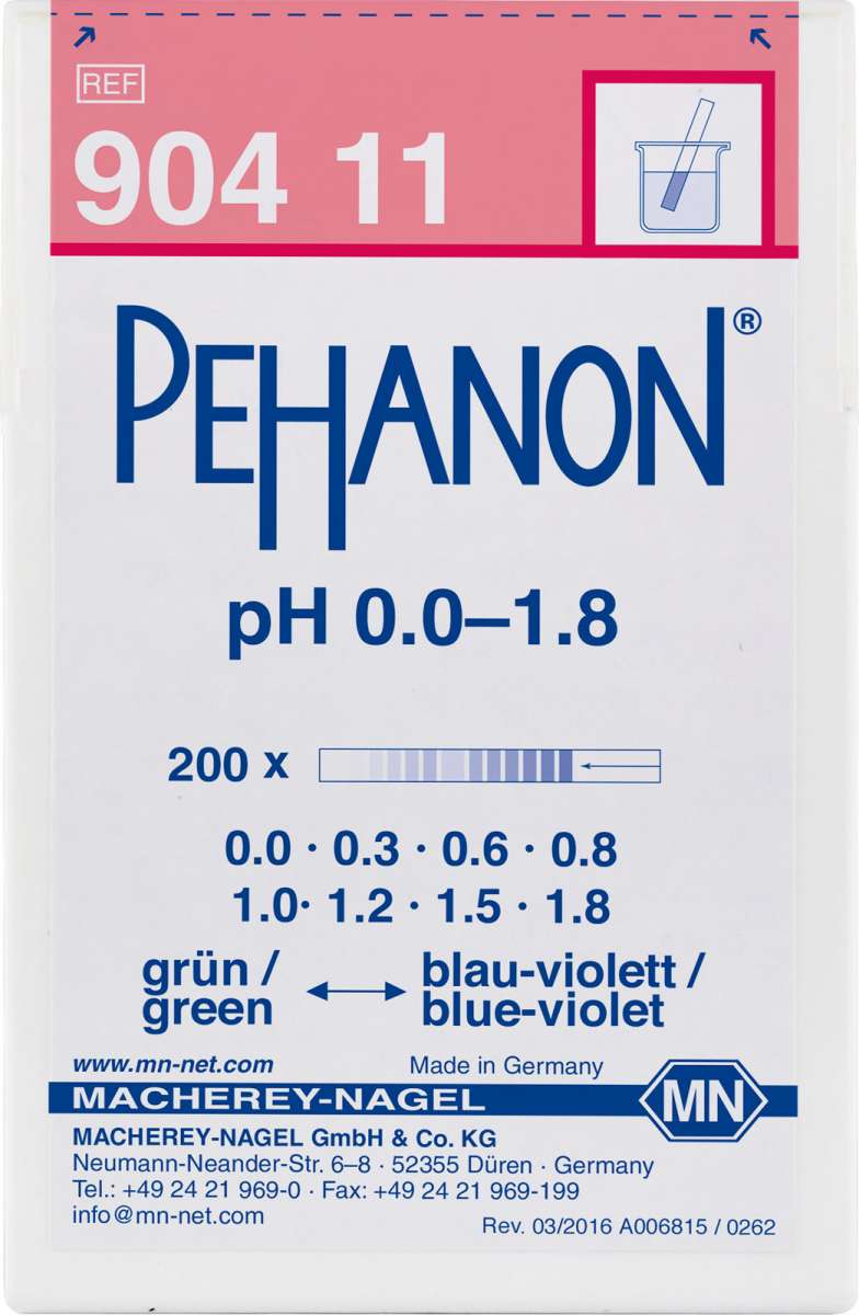 pH test strips, PEHANON 0.0 to 1.8 (Box of 200 test strips)