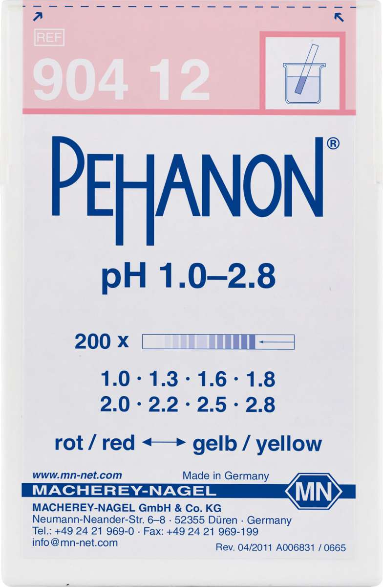 pH test strips, PEHANON 1.0 to 2.8 (Box of 200 test strips)