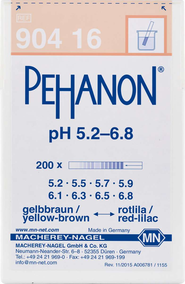 pH test strips, PEHANON 5.2 to 6.8 (Box of 200 test strips)