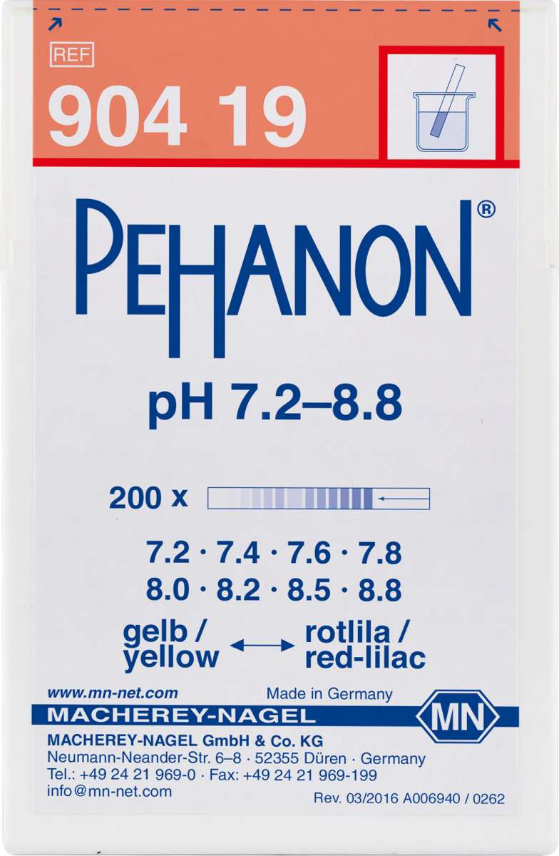 pH test strips, PEHANON 7.2 to 8.8 (Box of 200 test strips)