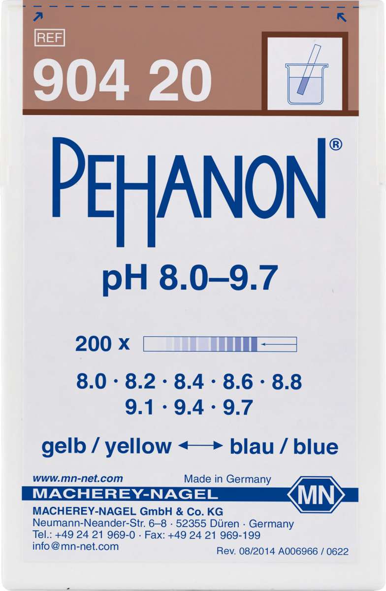 pH test strips, PEHANON 8.0 to 9.7 (Box of 200 test strips)
