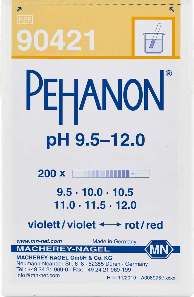 pH test strips, PEHANON 9.5 to 12.0 (Box of 200 test strips)
