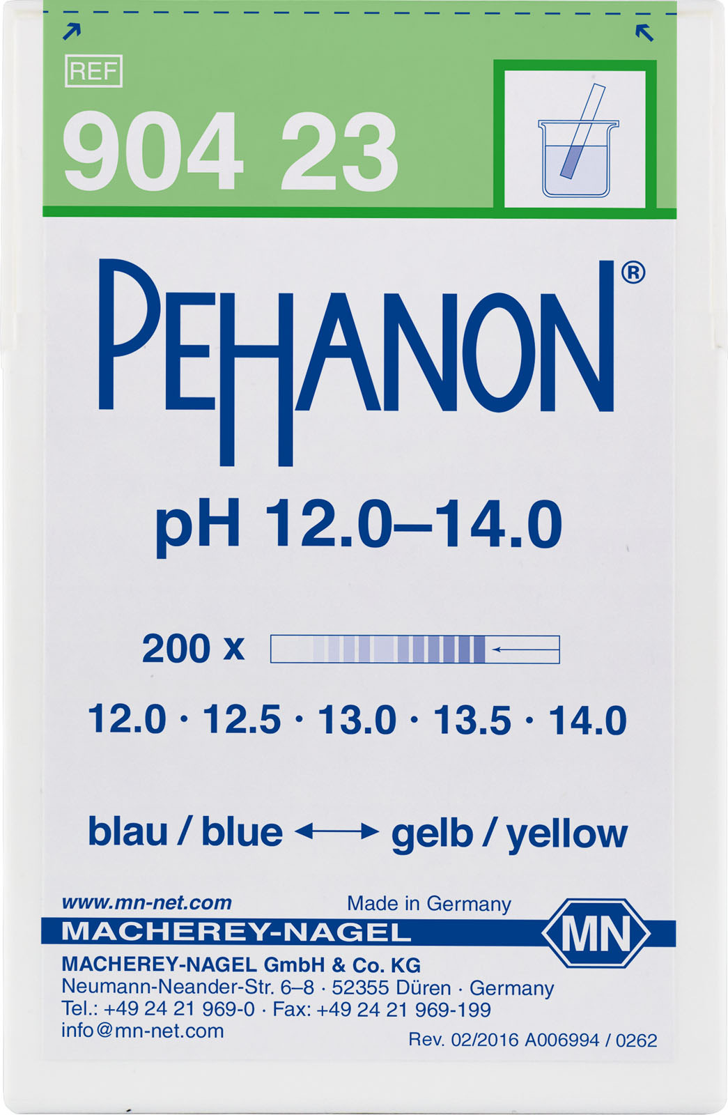 pH test strips, PEHANON 12.0 to 14.0 (Box of 200 test strips)
