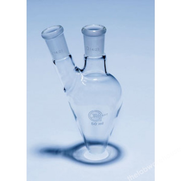 Pear shape flask 50ml, 2 necks, with 14/23 centre and side sockets