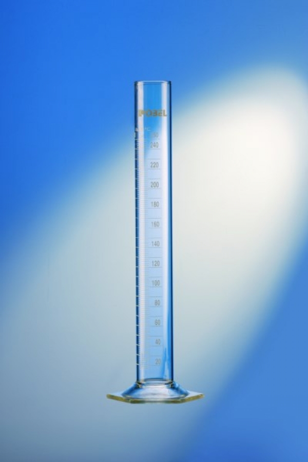 Glass measuring cylinder 50ml, hexagonal base, white graduation, Class A